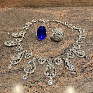 Crystal Necklace with Crystal Domed Ring with BONUS blue Ring